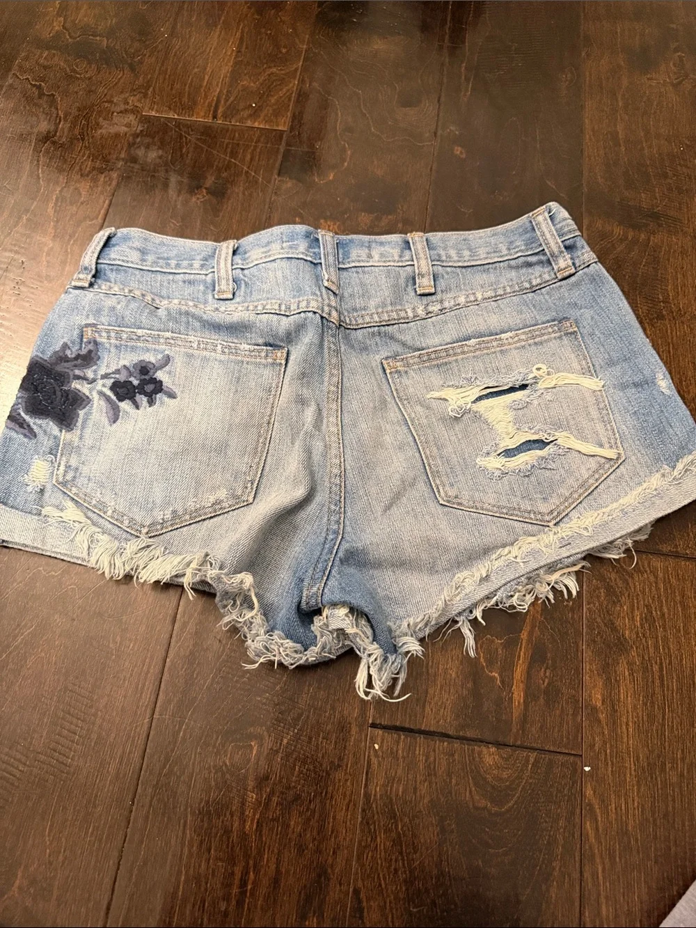 Abercrombie & Fitch Light Blue Distressed Denim Shorts with Floral Embroidery